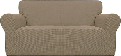 Easy-Going Stretch Loveseat Slipcover 1-Piece Sofa Cover Furniture Protector Couch Soft with Elastic Bottom for Kids Polyester Spandex Jacquard Fabric Small Checks (Loveseat, Tan)