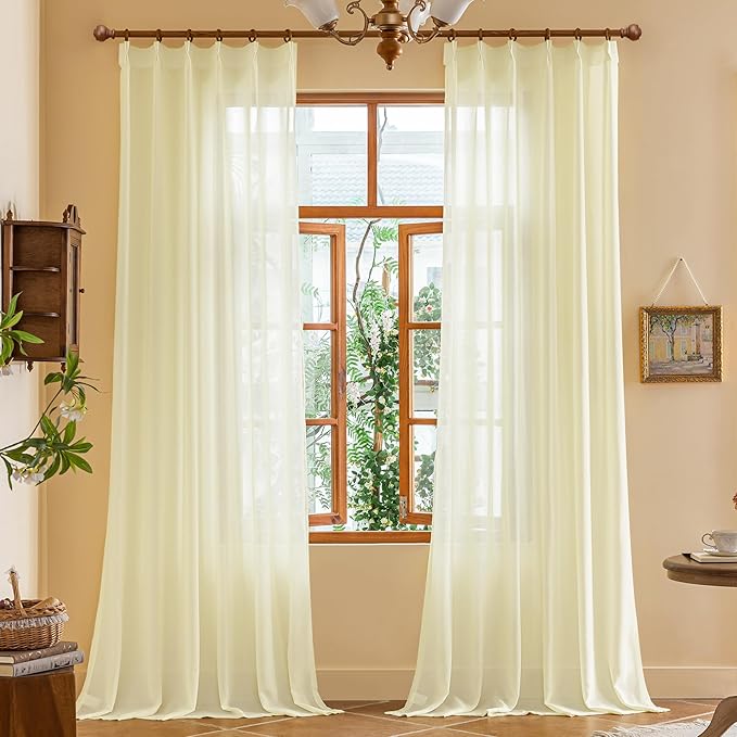 Beige Sheer Pinch Pleated Curtains 96 Inches Long for Bedroom Soft Touch Lightweight Light Filtering 8ft Length Pleated Drapes with Ajustable Hooks for Living Room, Beige, 42"W x 96"L, 2 Panels