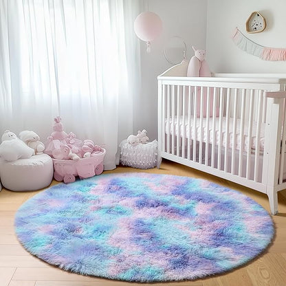 ONASAR Rainbow Round Area Rugs 5ft, Soft Bedroom Circle Rug Mats for Kids Girls Teen Room, Mermaid Fluffy Plush Shaggy Carpet for Baby Nursery Living Room Playroom Home Decor Princess Castle