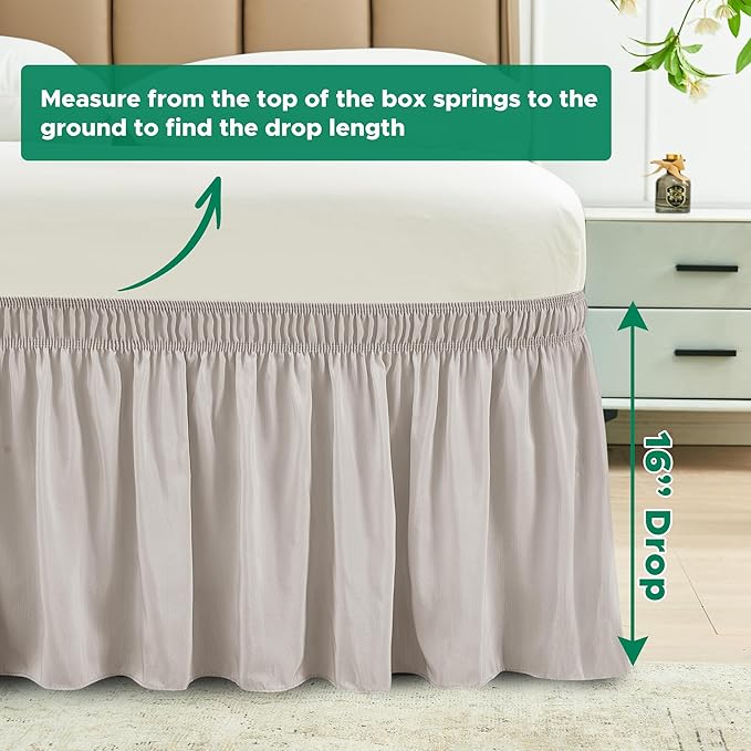 Biscaynebay Wrap Around Bed Skirts for Queen Beds 16" Drop, Camel Grey Adjustable Elastic Dust Ruffles Easy Fit Wrinkle Resistant Silky Luxurious Fabric Machine Washable