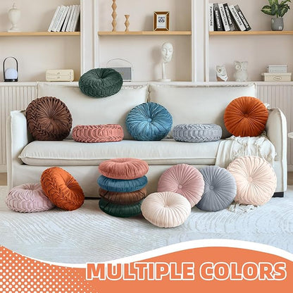 2 Pcs Round Throw Pillows Pleated Velvet Pumpkin Round Pillows Floor Cushion for Living Room Couch Chair Bed Sofa 15.7"x15.7"/13.8" x 13.8"