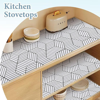 Shelf Liners for Kitchen Cabinets 12in x 20FT, Non Adhesive Cabinet Liner Strong Non-Slip Thickened Black White Geometric Drawer Liner, Easy to Clean for Shelf, Cabinet with Knife and Tape Measure