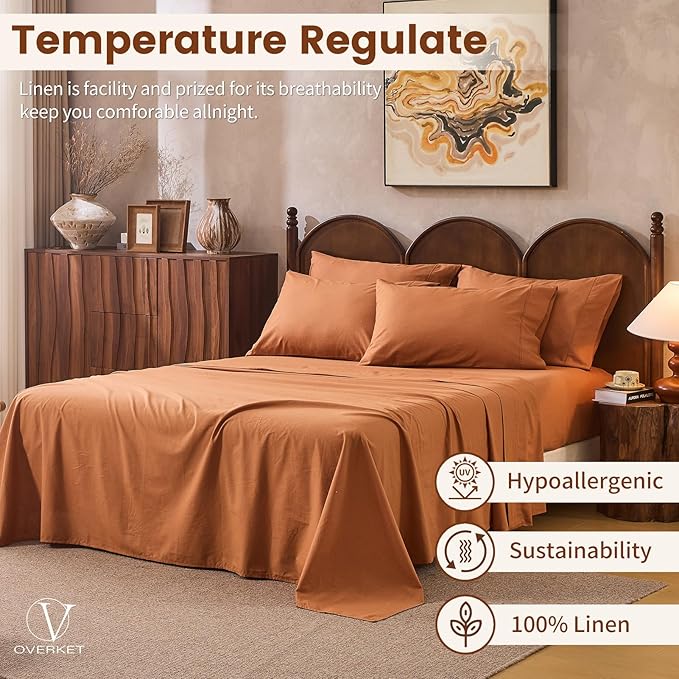 100% Linen Sheets California King Size,Breathable & Durable 4-Piece Bed Flax Sheet Set,Soft All-Season Bedding for Hot Sleepers 16" Deep Pocket Oeko-TEX Certified,（Cal King, Brown）