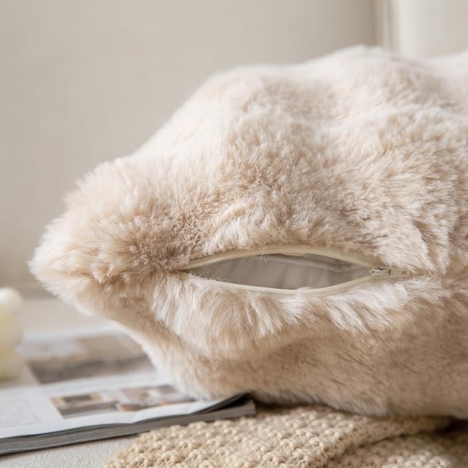 Pack of 2 Thick Plush Throw Pillow Covers Fluffy Wave Faux Fur Decorative Cushion Covers Soft Wool Pillowcase for Sofa Couch Livingroom 12x20 Inch Beige