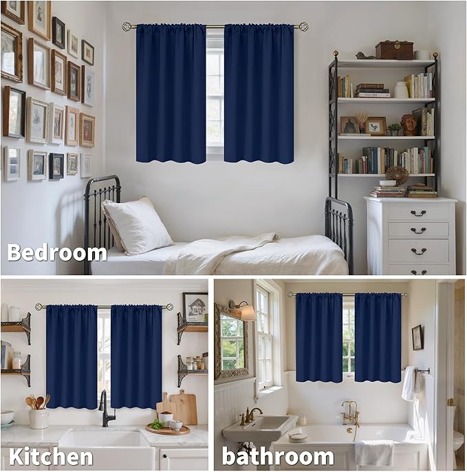BGment Short Curtains Blackout 36 Inches Length - Rod Pocket Thermal Insulated Room Darkening Window Drapes for Kitchen Bedroom Bathroom, Navy Blue, 2 Panels, 42 x 36 Inch