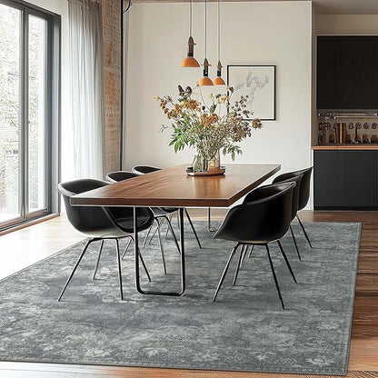 jinchan Washable Area Rug 6x9 for Living Room - Soft Faux Wool Ultra-Thin Stain Resistant Non-Slip Distressed Vintage Floral Rug Large Carpet for Bedroom Dining Room Home Office Nursery(Grey, 6'x9')