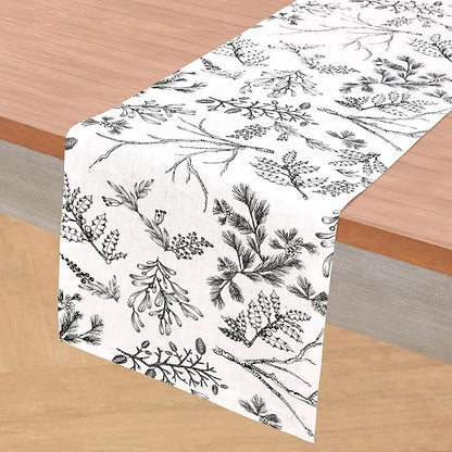 Solino Home 100% Pure Linen Christmas Table Runner 120 Inches Long - Black/White Table Runner 14 x 120 Inch - Handcrafted and Machine Washable - Winter Forest Print