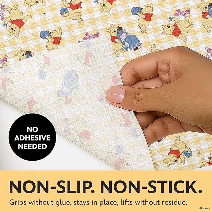 Disney Non Adhesive Shelf Liner – 18”x 10 ft Water-Resistant Drawer Liners for Kitchen Cabinets, Pantry, Fridge & Dressers – Easy Cut Cabinet Liner Roll- Mickey Mouse, Stitch & Winnie The Pooh
