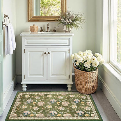 jinchan Elora 3x5 Floral Rug for Entryway Washable Kitchen Rug Vintage Romance Design Christmas Small Mat Non Slip Indoor Doormat Lightweight Low-Profile Throw Carpet for Entrance Bathroom, Green