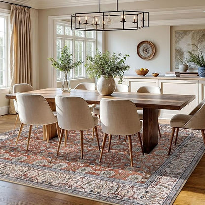 KUTA Vintage 8x10 Area Rugs for Living Room, Terracotta Washable Large Rug for Bedroom 8ft x 10ft Non-Slip, Ultra Thin Soft Printed Traditional Floral Distressed Dining Room Low-Pile Carpet