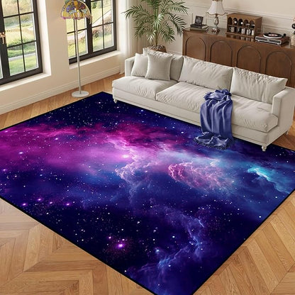 6' x 9' Purple Galaxy Rug Space Rugs Colorful Throw Rug Non-Slip Sun and Cloud Carpet Doormats for Living Room Bedroom Apartment Dorm Floor Mat