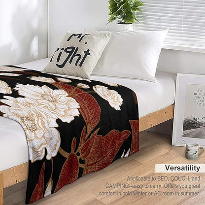Red Gold Floral Blanket, Boho Dark Flower Leaves Chinese Plum Blossoms Botanical Vintage Throw Blanket for Bed Living Room Bedding Couch Soft Lightweight Warm Cozy Decor, 50"x60"