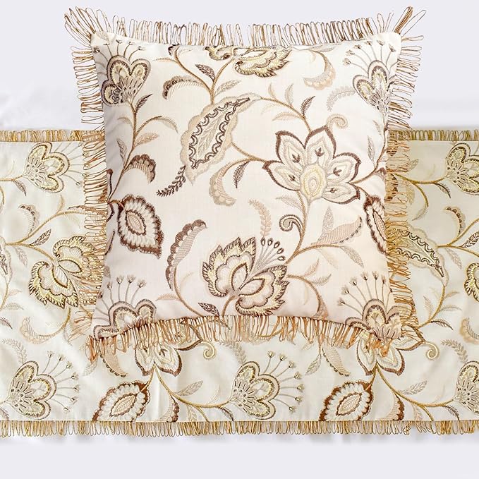 The HomeCentric King/Queen/Twin Beige Decorative Bed Runner CA King 86"x18" Bed Runner with One Pillow Cover, Floral, Pearl, Jute Lace, Embroidery Bed Scarf on Cotton Fabric - Floral Luster