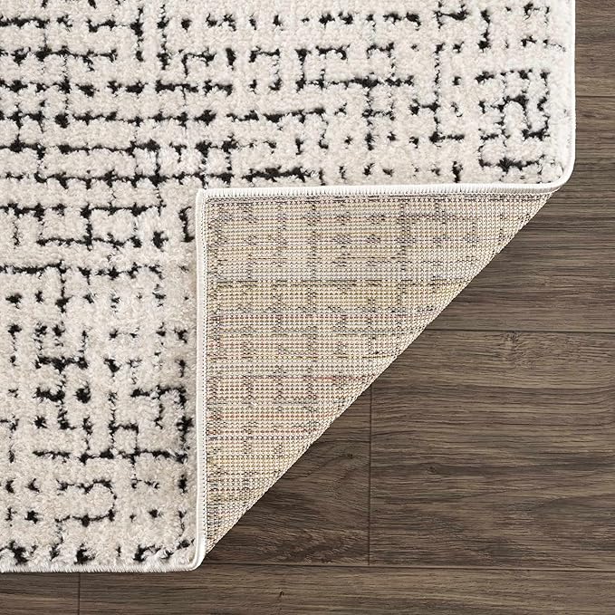 Hauteloom Keita Living Room, Bedroom Area Rug - Modern Boho - Farmhouse Mosaic Carpet - High Pile - Cream, Black - 8'10" x 12'