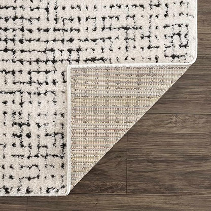 Hauteloom Keita Living Room, Bedroom Area Rug - Modern Boho - Farmhouse Mosaic Carpet - High Pile - Cream, Black - 8'10" x 12'