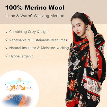 DANA XU 100% Merino Wool Pashmina Shawl for Women 96"x43", Oversized Cashmere Wrap with Tassels, Floral Travel Blanket Cape