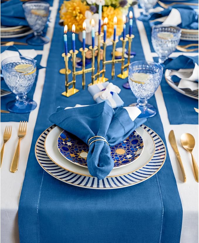 Solino Home Linen Indigo Blue Table Runner 132 Inches Long - 100% Pure Linen Extra Long Table Runner 14 x 132 Inch - Classic Hemstitch