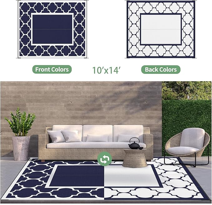 GENIMO 10' x 14' Outdoor Rug Waterproof for Patio, Foldable Reversible Plastic Straw Area Rugs Mat for Rv Decor, Outside Carpet for Camper, Deck, Picnic, Beach, Balcony, Porch, Blue & White