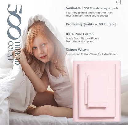 Mayfair Linen 500 Thread Count Twin Cotton Sheets - 3 PC Twin Size Bed Sheet Set Cotton (Blush), Soft, Cooling, Sateen Hotel-Quality 16" Deep Pocket Bedsheet for Hot Sleepers (Fits 18" Mattress)