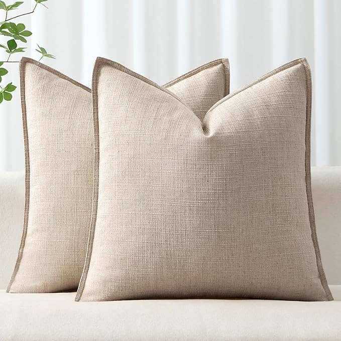 MIULEE Decorative Pillow Covers 18x18, 2 Pack Boho Farmhouse Neutral Throw Pillows for Couch, Thick Textured Modern Linen Cushion Cases Sofa Bed Living Room Home Decor, Natural Linen
