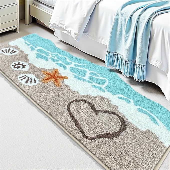 Beach Bathroom Rugs Soft Absorbent Ocean Wave Bath Mat with Non-Slip Backing Coastal Decor for Bathroom Kitchen Entryway, Blue Sea Design with Starfish Shells Pattern Bath Decor(C, 28"x59")