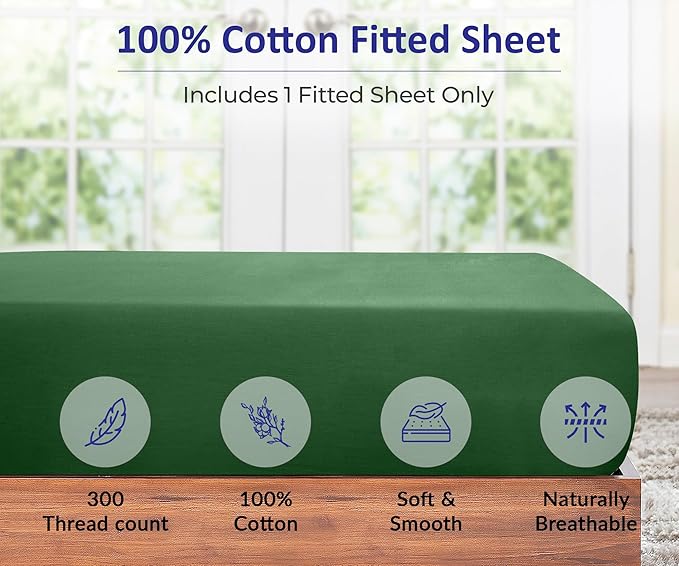 ROYALE LINENS 300 Thread Count 100% Long Staple Combed Cotton Fitted Sheet Full - Super Soft Deep Pocket Bottom Sheet - Fitted Sheets Only - Elastic Sheets (Full, Hunter Green)