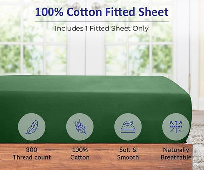 ROYALE LINENS 300 Thread Count 100% Long Staple Combed Cotton Fitted Sheet Twin XL - Super Soft Deep Pocket Bottom Sheet - Fitted Sheets Only - Elastic Sheets (Twin XL, Hunter Green)