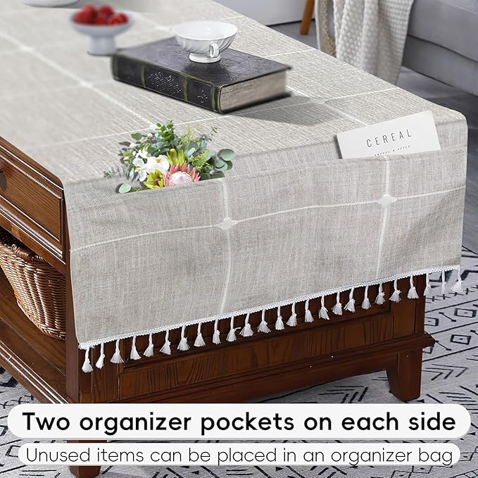 Coffee Table Cloth, Table Cover with Pockets and Tassel,Coffee Grid for Living Room Small Rectangle Tablecloths Washer Dryer Fridge Top Dust Cover,Easy Care Machine Washable