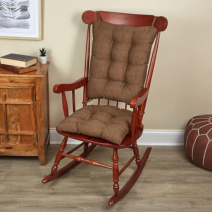 Klear Vu Omega Non-Slip Rocking Chair Cushion Set, Assembled in USA, Thick Padding & Tufted Design, Includes Seat Pad & Back Pillow with Ties, 17x17 Inches, 2-Piece Set, Tyson Chocolate