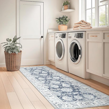 jinchan Fiora Runner Rug 2x5 Machine Washable Hallway Rug Dark Blue Vintage Floral Print Non-Slip Low Pile Ultra-Thin for Kitchen, Entryway, Laundry Room, Bedroom, Farmhouse (2‘x5’, Dark Blue)