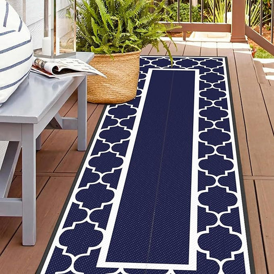 GENIMO 2.5' x 8' Outdoor Rug Waterproof for Patio Decor, Foldable Reversible Plastic Straw Area Rugs Mat for Runner Porch, Outside Carpet for Rv, Deck, Picnic, Beach, Balcony, Camper, Blue & White