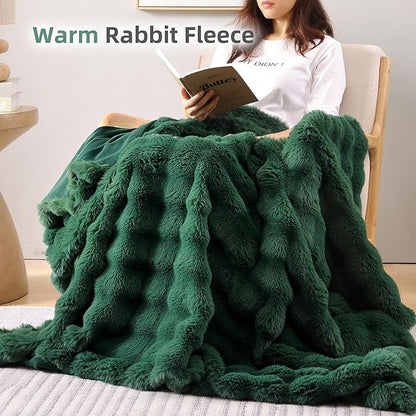 Smoofy Faux Fur Throw Blanket for Couch – Dark Green Fluffy Cozy Rabbit Fleece, Plush Soft Bubble Blanket for Sofa & Bed, for Mom, Warm Fuzzy Home Room Decor Throw 60" x 80"