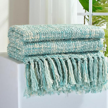 Multi-Color Turquoise Cable Knitted Throw Blanket for Couch,60"X80" Boho Style Textured Blankets for Home Decor,Super Soft Warm Cozy Chunky Knit Blanket with Decorative Tassels for Bed