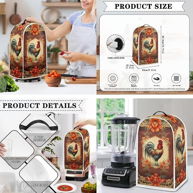 Vintage Chicken Rooster Flower Pattern Appliance Covers Set Washable Kitchen Blender Dust Cover Bread Maker Toaster Cover 2 Slice Kitchen Accessories Size S