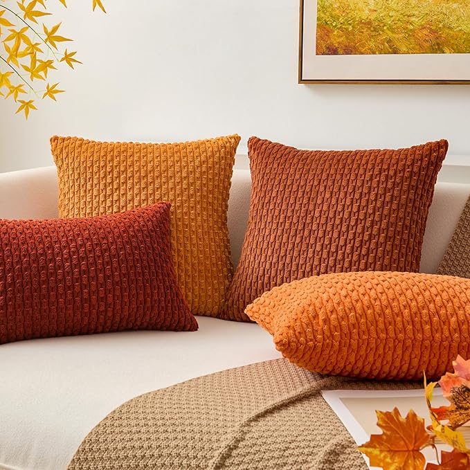 Kevin Textile Fall 14x24 Inch Pillow Cover 1 Pack Boho Decorative Soft Striped Corduroy Lumbar Farmhouse Solid Color Accent Rectangle Cushion Case for Living Room Couch Sofa Bed, Burnt Brick