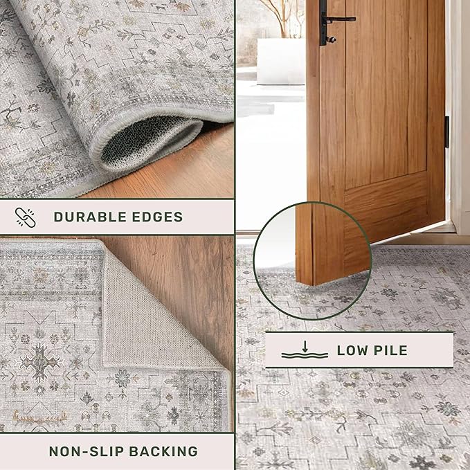 Boho Light Grey Living Room Rug 10x12 - Modern Vintage Eclectic Floral Pastel Neutral Taupe, Washable Low Pile Non-Slip Extra Large Area Rugs for Dining Under Table Bedroom Lounge