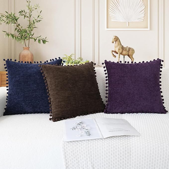 CaliTime Throw Pillow Covers Decorative 20 X 12 Inches Pack of 2 Cozy Solid Dyed Soft Chenille Cushion Cases with Pom Poms for Couch Sofa Bed Living Room Home Coffee