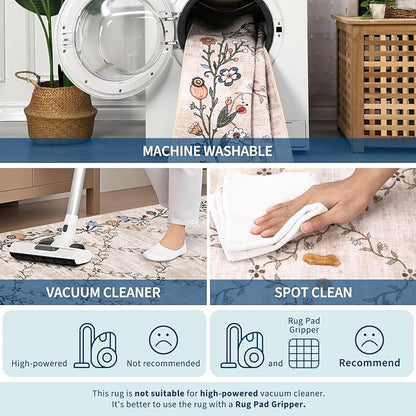 GarveeHome 8x10 Washable Floral Area Rugs for Living Room: Modern Floral Non Slip Large Area Rugs for Bedroom, Large Machine Washable Living Room Low Pile Carpet with Non-Slip Backing Beige 8'x10'.