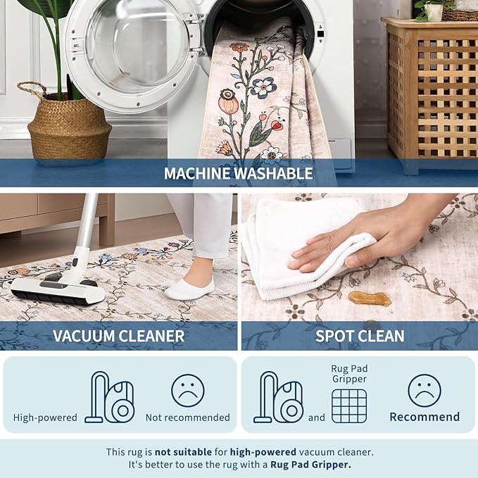 GarveeHome 2x6 Washable Floral Runner Rugs for Hallway: Modern Floral Non Slip Large Runner Rugs for Kitchen, Large Machine Washable Hallways Low Pile Carpet with Non-Slip Backing Beige 2 ft x6 ft.