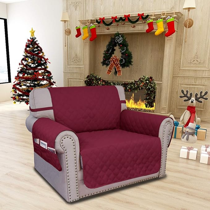 Easy-Going Sofa Slipcover Chair Cover Waterproof Couch Cover Washable Sofa Cover Non-Slip Fabric Furniture Protector with Pocket for Pets Covers Pets Kids Children Dog Cat (Chair, Christmas Red)