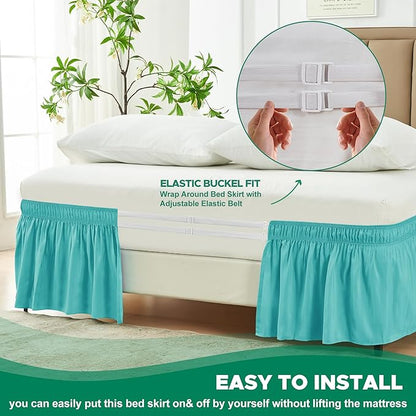 Biscaynebay Wrap Around Bed Skirts for Queen Beds 17" Long Drop, Aqua Adjustable Elastic Dust Ruffles Easy Fit Wrinkle Resistant Silky Luxurious Fabric Machine Washable