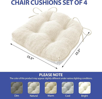 Chair Cushions for Dining Chairs Set of 4, Kitchen Chair Cushions, Chair Pads with Ties and Non Slip Backing, Tufted Memory Foam Seat Cushion 4 Pack, 15.5" x 15.5" x 4", Cream