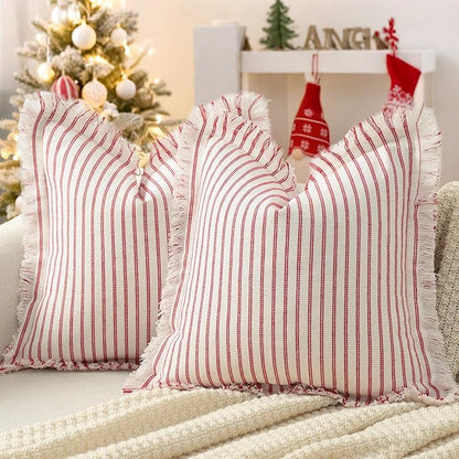 ZWJD Throw Christmas Pillow Covers 24x24 Set of 2 Striped Pillow Covers with Fringe Chic Cotton Decorative Pillows Square Cushion Covers for Sofa Couch Bed Living Room Farmhouse Decor