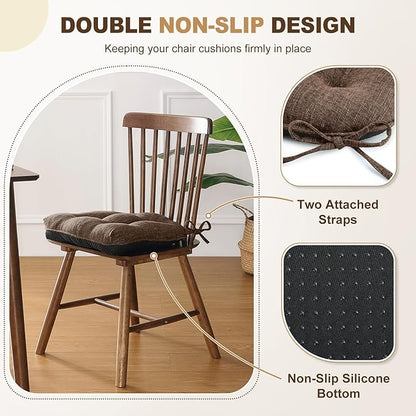 downluxe Indoor Chair Cushions for Dining Chairs, Tufted Overstuffed Textured Foam Kitchen Chair Pads with Ties and Non-Slip Backing, 15.5" x 15.5" x 4", Brown, 6 Pack