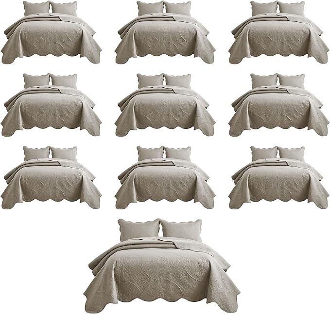 IR Imperial Rooms 10 Pack Twin Quilt Bedding Set (68" x 86") - Bulk Wholesale for Hotels, Guest Bedroom & Airbnbs - Lightweight Microfiber Reversible Floral Embossed Quilts Bedspreads (Beige)