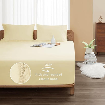 Sunflower King Fitted Sheet, 1-Piece Extra Deep Pocket Fitted Bottom Sheet 19", 100% Cotton Sateen Soft Breathable, Butter Cream