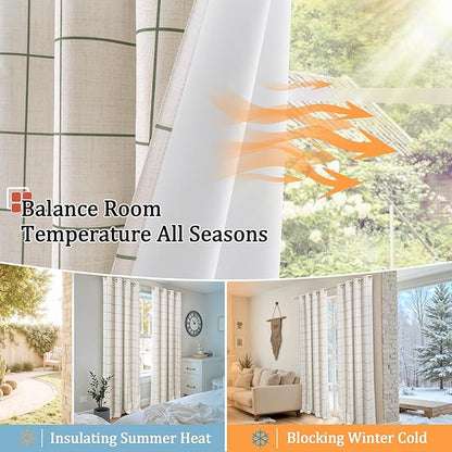 Linen Blackout Curtains for Living Room - Plaid Patterned Curtains 72 Inch Long, Boho Black Out Thermal Insulated Drapes for Bedroom Grommet Style 52x72 Inch 2 Panels, Dark Green