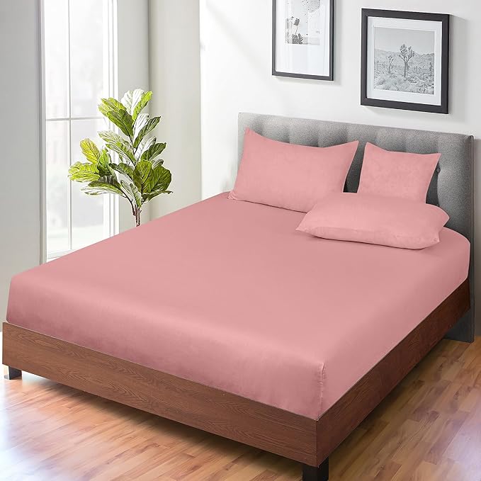ROYALE LINENS 300 Thread Count 100% Long Staple Combed Cotton Fitted Sheet Full - Super Soft Deep Pocket Bottom Sheet - Fitted Sheets Only - Elastic Sheets (Full, Pink)