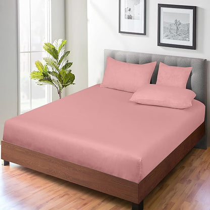 ROYALE LINENS 300 Thread Count 100% Long Staple Combed Cotton Fitted Sheet Queen - Super Soft Deep Pocket Bottom Sheet - Fitted Sheets Only - Elastic Sheets (Queen, Pink)