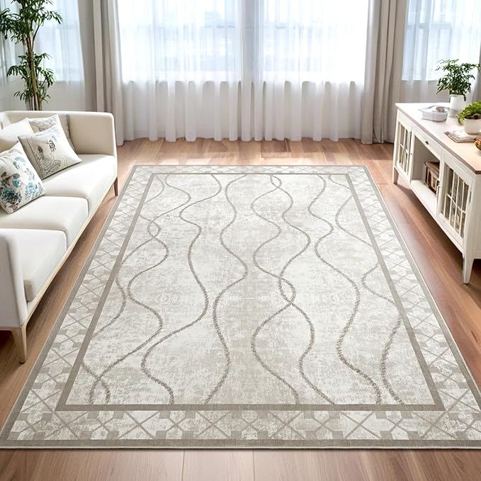 4x6 Area Rugs for Bedroom Living Room, Machine Washable Low Pile Rugs, Non Slip Modern Bordered Print Indoor Carpet for Entryway Office Dining Room Dorm Home Decor, Beige